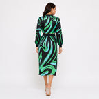 Women's Green Abstract Print Long Sleeve Crop Top and Midi Skirt Co-Ord Set | Statement Two-Piece Outfit-4