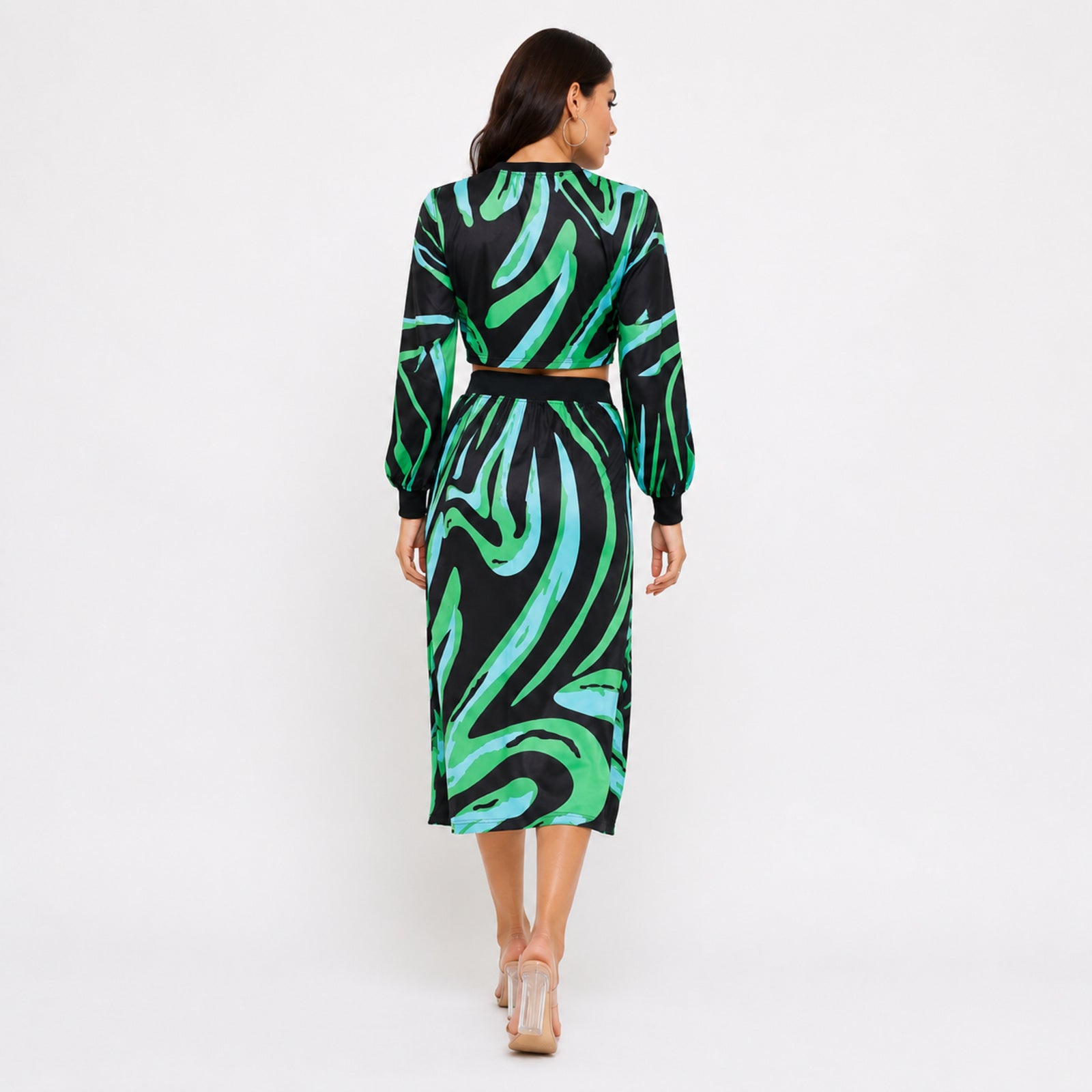 Women's Green Abstract Print Long Sleeve Crop Top and Midi Skirt Co-Ord Set | Statement Two-Piece Outfit-4