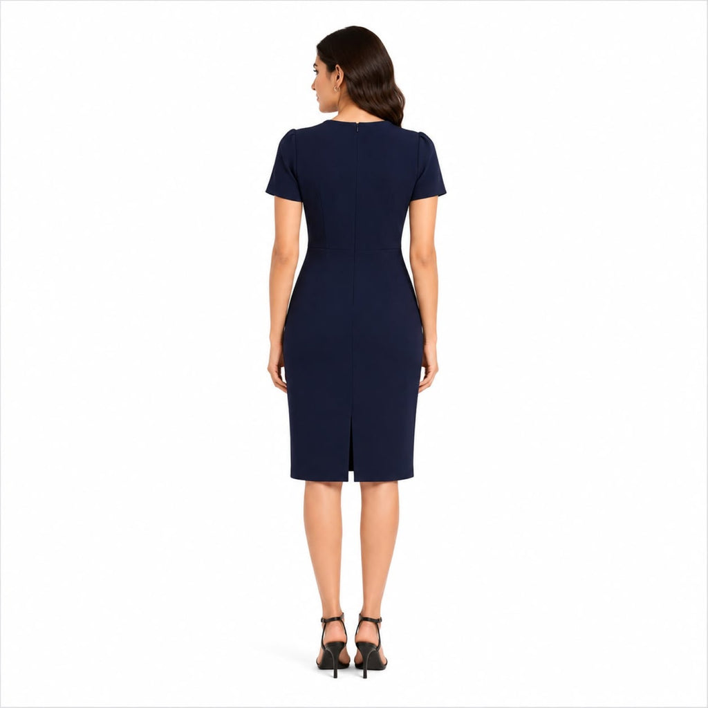 Women's Royal Navy Blue Tailored Sheath Dress with Elegant Feather Motif Embellishments-4