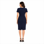 Women's Royal Navy Blue Tailored Sheath Dress with Elegant Feather Motif Embellishments-4