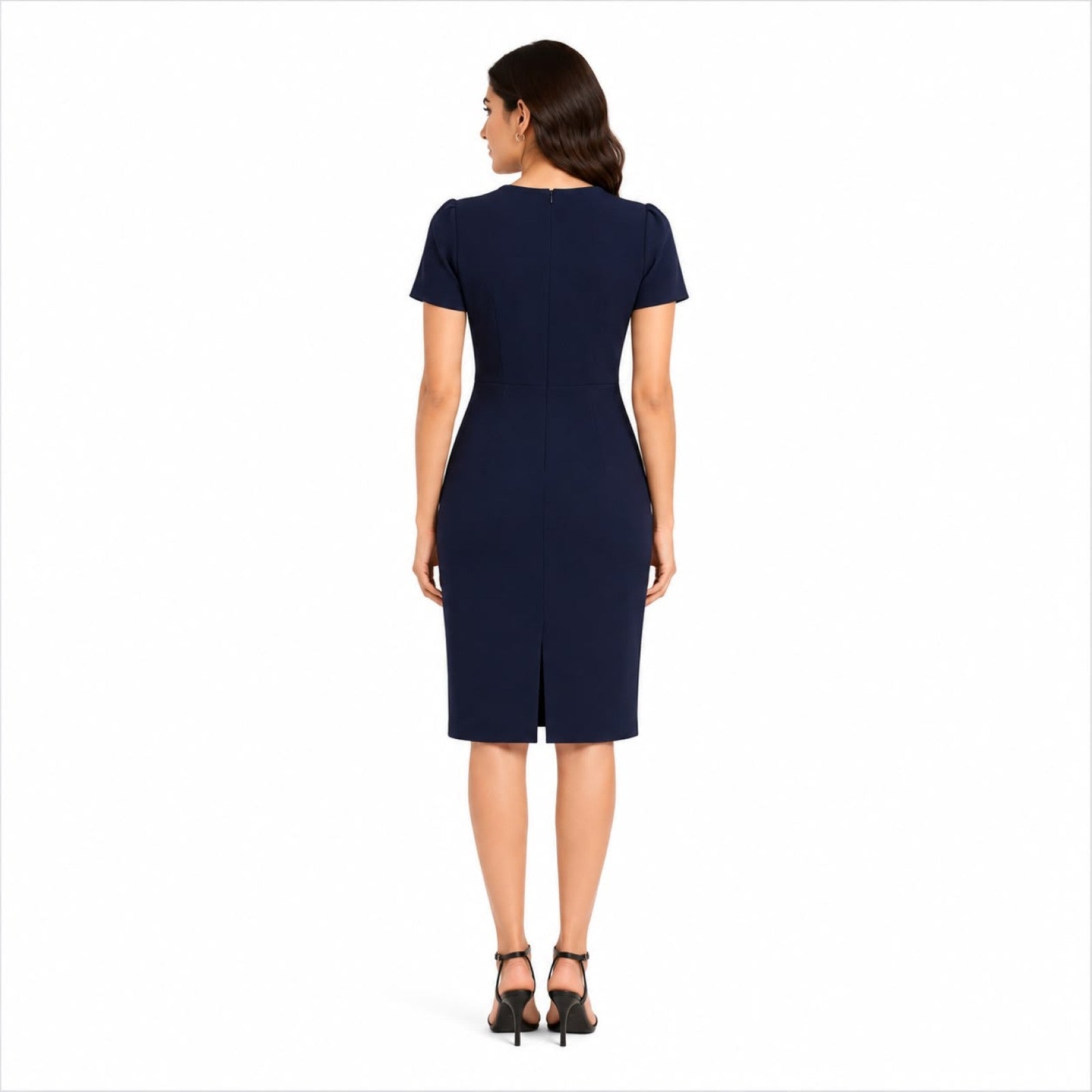 Women's Royal Navy Blue Tailored Sheath Dress with Elegant Feather Motif Embellishments-4