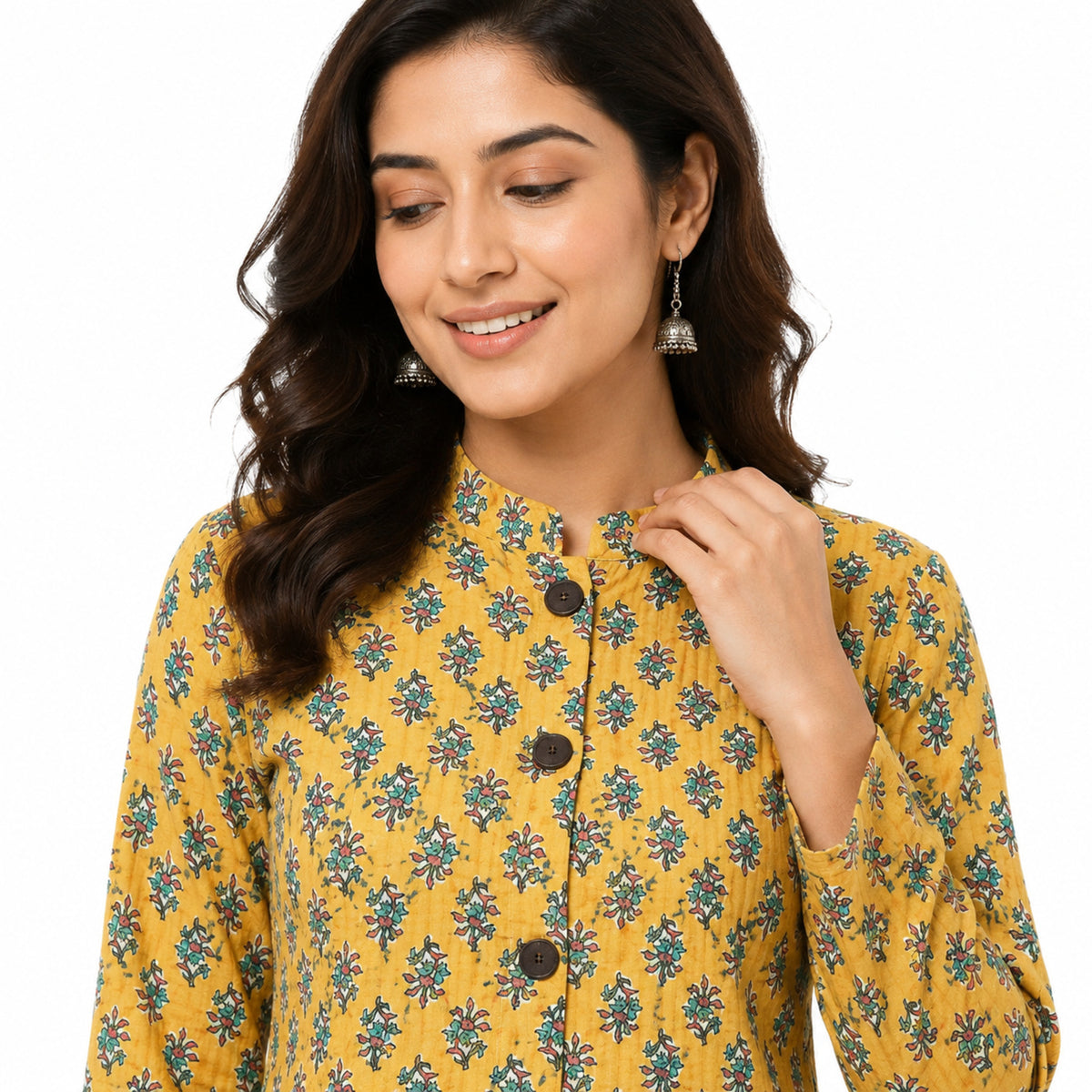 Women’s Mustard Yellow Floral Printed Jacket – Full Sleeve Flared Jacket with Mandarin Collar-2