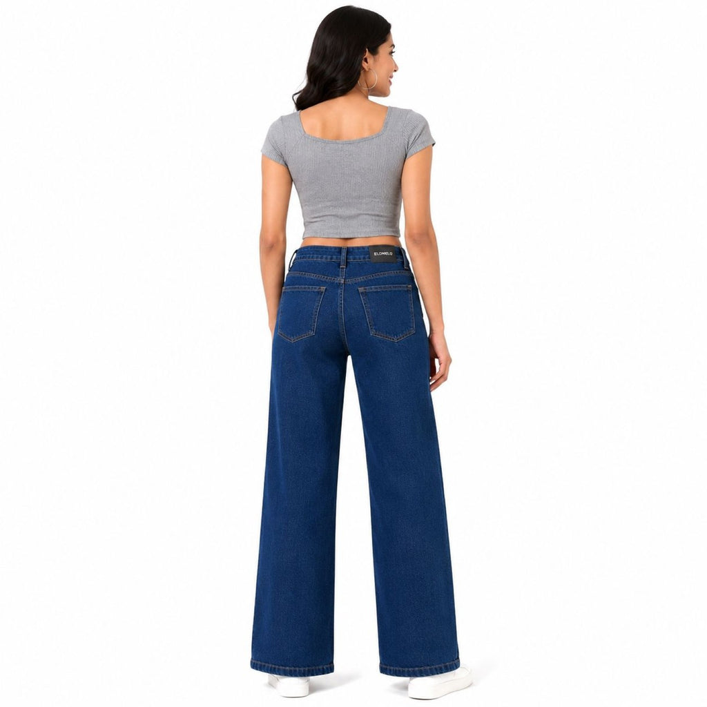 Women's Dark Blue Wide Leg High-Rise Jeans | Casual Everyday Denim Pants-4
