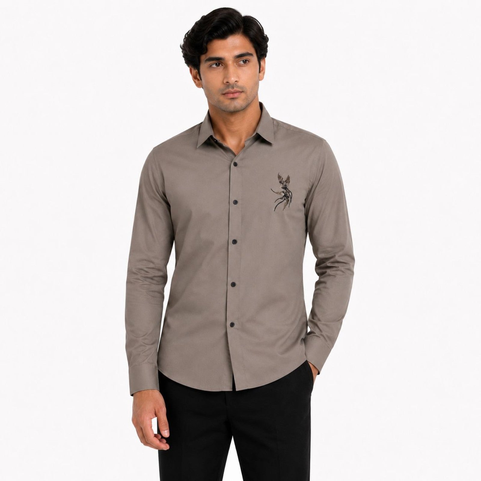 Men's Blue Minimal Embroidered Full Sleeve Shirt with Curved Hem-1