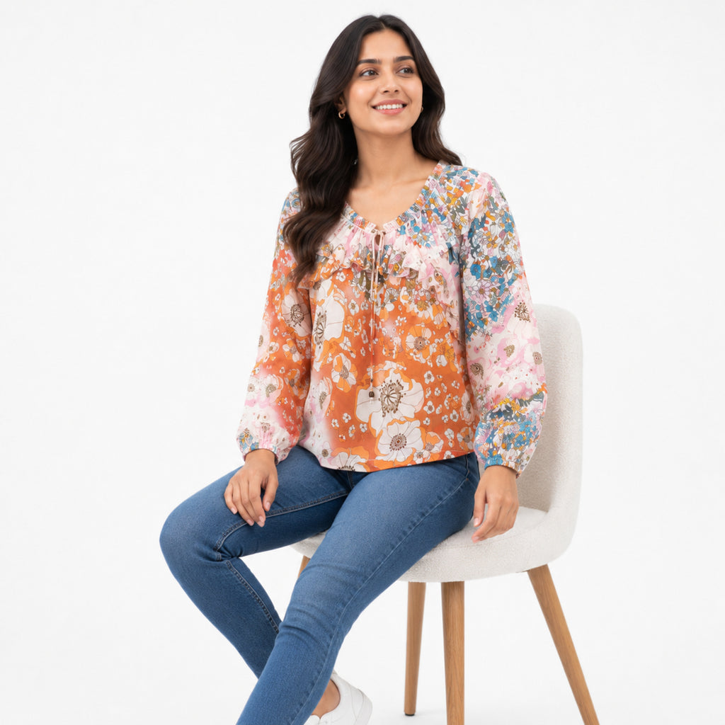 Women's Beige Floral Tie-Neck Peasant Top with Balloon Sleeves-2