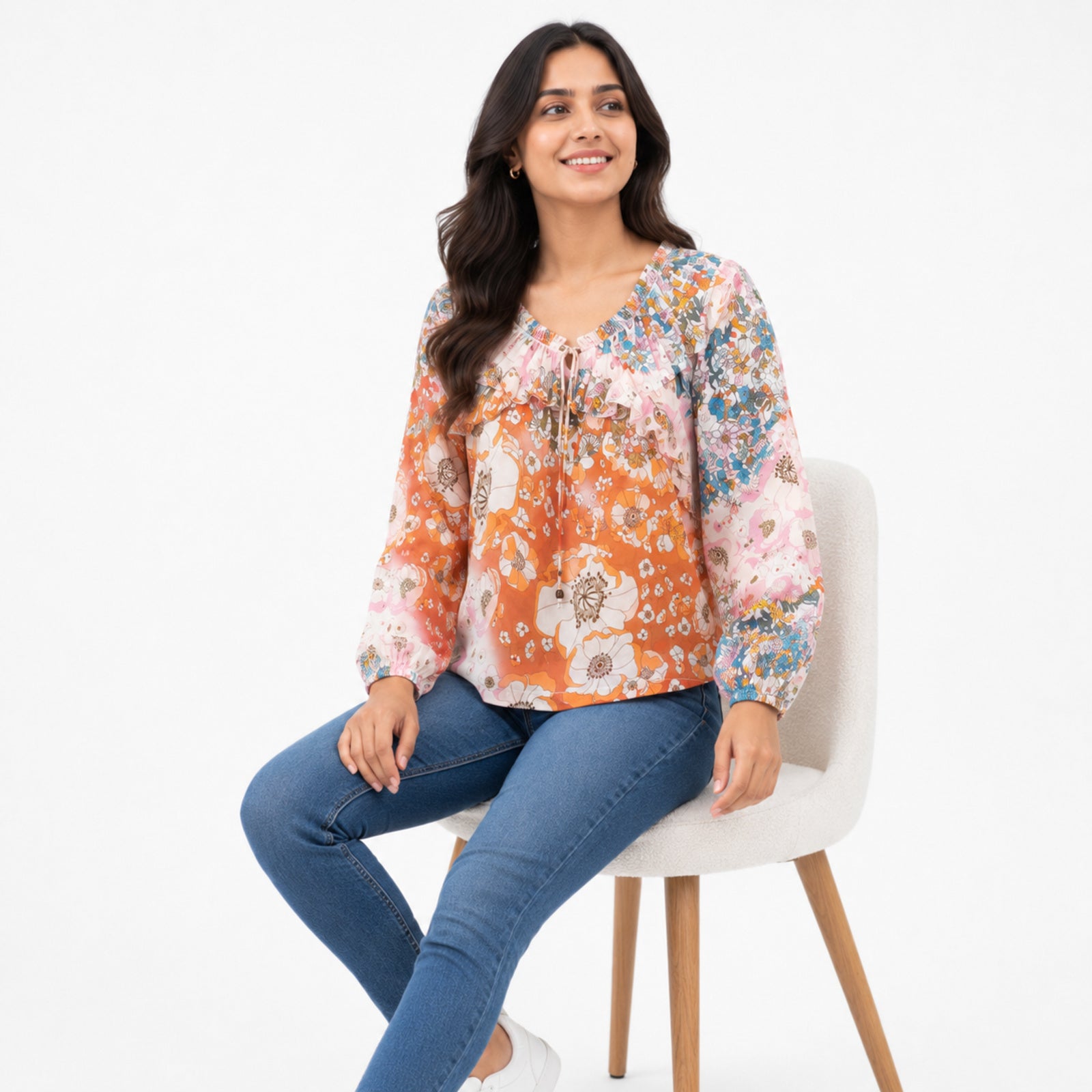 Women's Beige Floral Tie-Neck Peasant Top with Balloon Sleeves-2