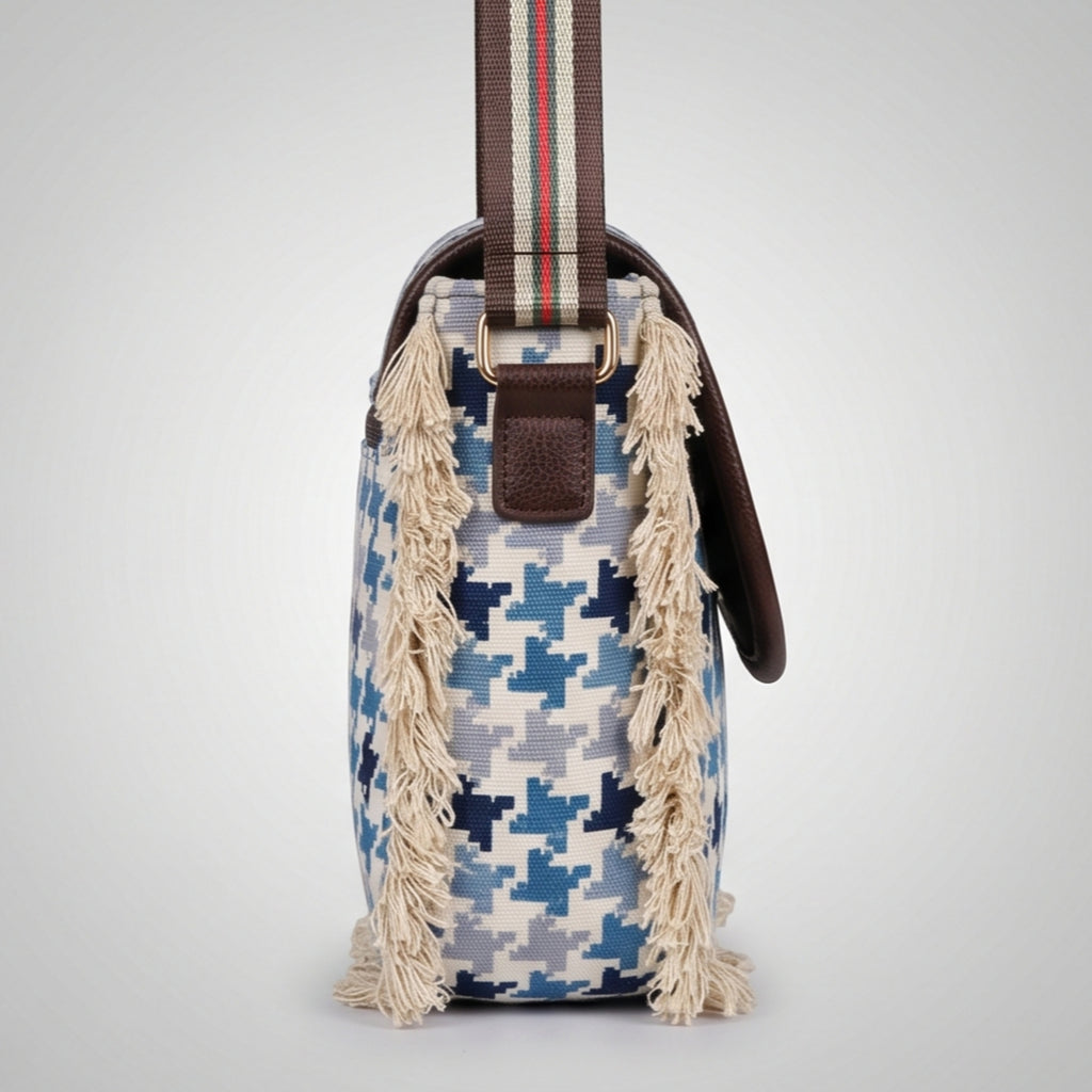 Women's Blue Houndstooth Print Fringe Crossbody Sling Bag with Adjustable Strap-4