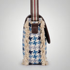 Women's Blue Houndstooth Print Fringe Crossbody Sling Bag with Adjustable Strap-4