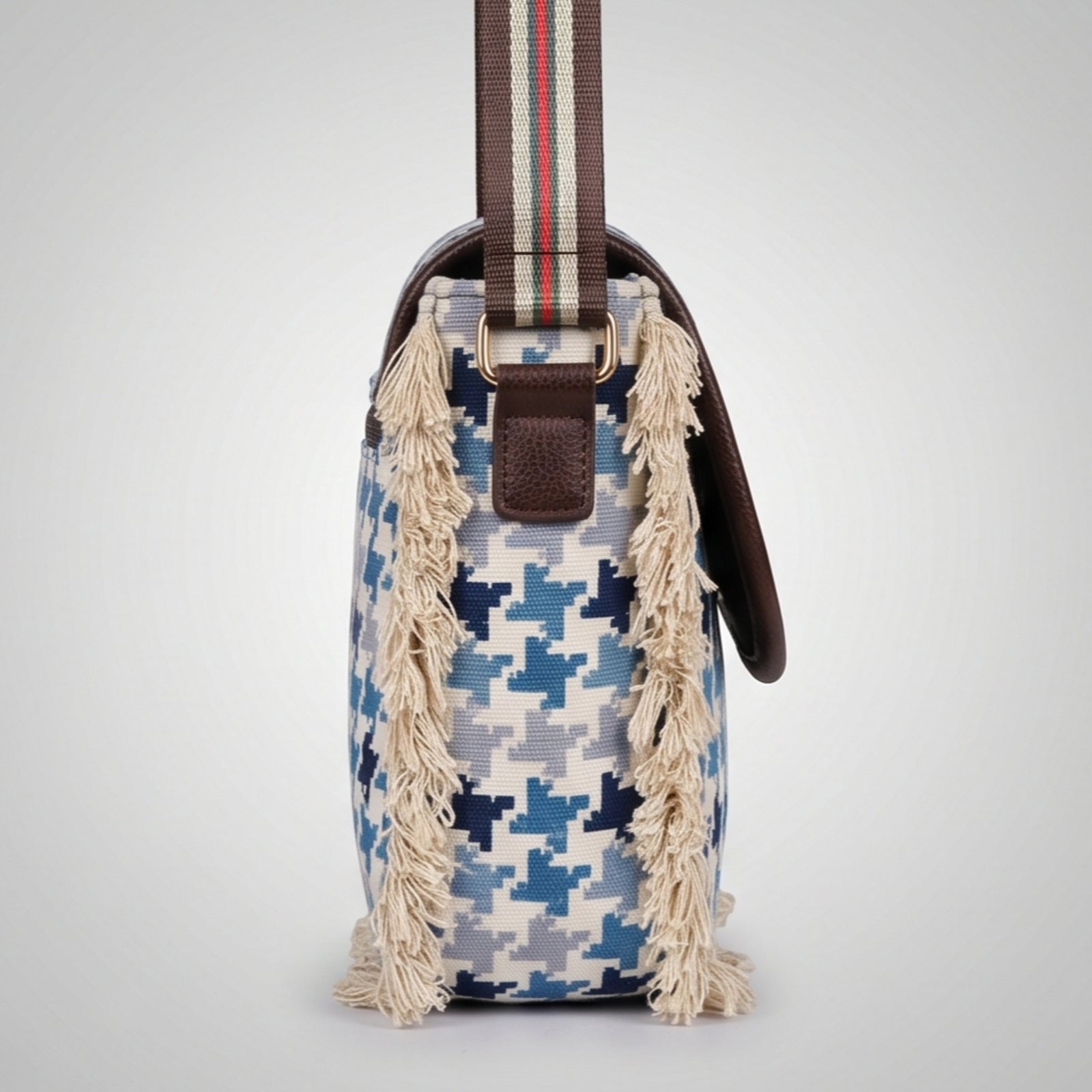 Women's Blue Houndstooth Print Fringe Crossbody Sling Bag with Adjustable Strap-4