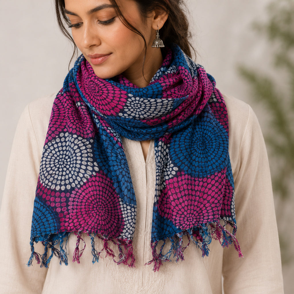 Women's Blue & Purple Circular Print Tassel Scarf-4