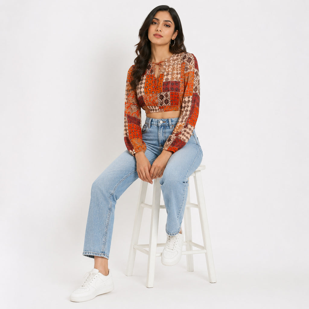 Women's Red Patchwork Print Tie-Neck Cropped Casual Top-1