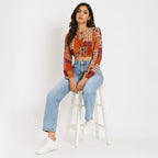 Women's Red Patchwork Print Tie-Neck Cropped Casual Top-1