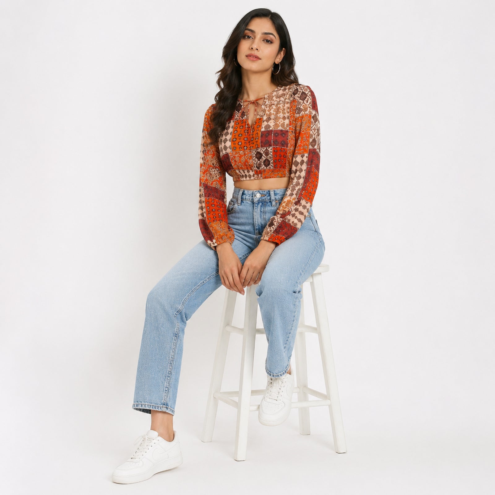 Women's Red Patchwork Print Tie-Neck Cropped Casual Top-1