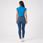 Women's Teal V-Neck Cap Sleeve Panelled Fitted Crop Top | Solid Modern Casual Blouse-4