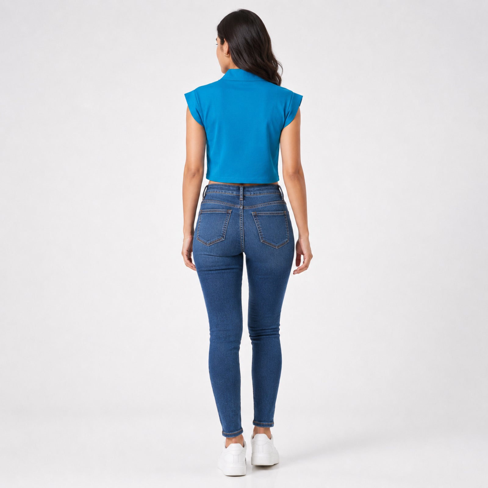 Women's Teal V-Neck Cap Sleeve Panelled Fitted Crop Top | Solid Modern Casual Blouse-4
