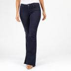 Women's Retro Navy Blue High-Waisted Flare Denim Jeans with Fringed Hem-2