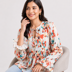 Women's Orange Floral Print Tie-Neck Peplum Top-4