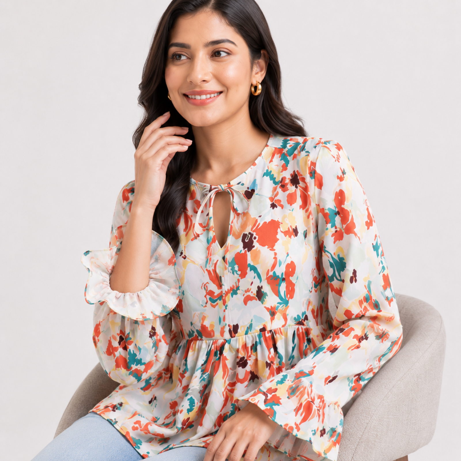 Women's Orange Floral Print Tie-Neck Peplum Top-4