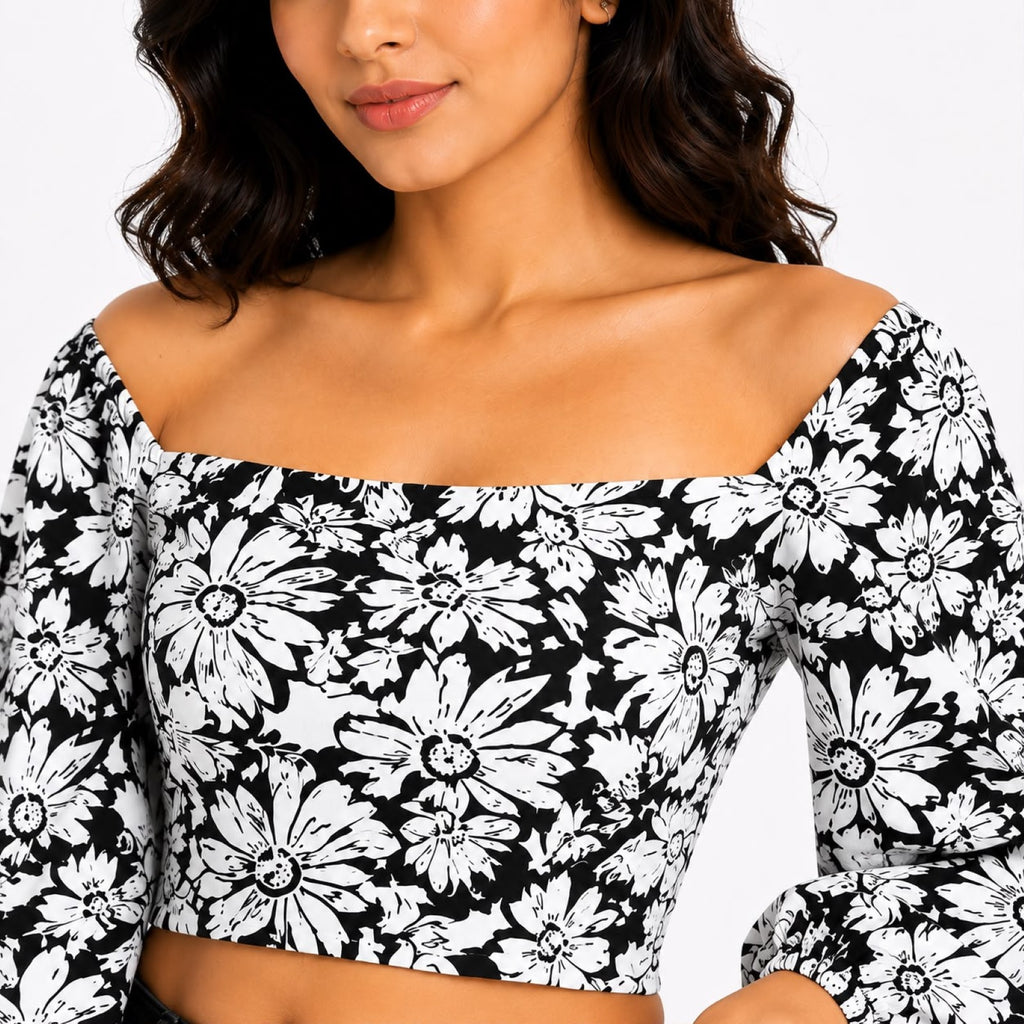 Women's Black & White Floral Off-Shoulder Crop Top-3
