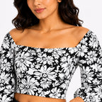 Women's Black & White Floral Off-Shoulder Crop Top-3