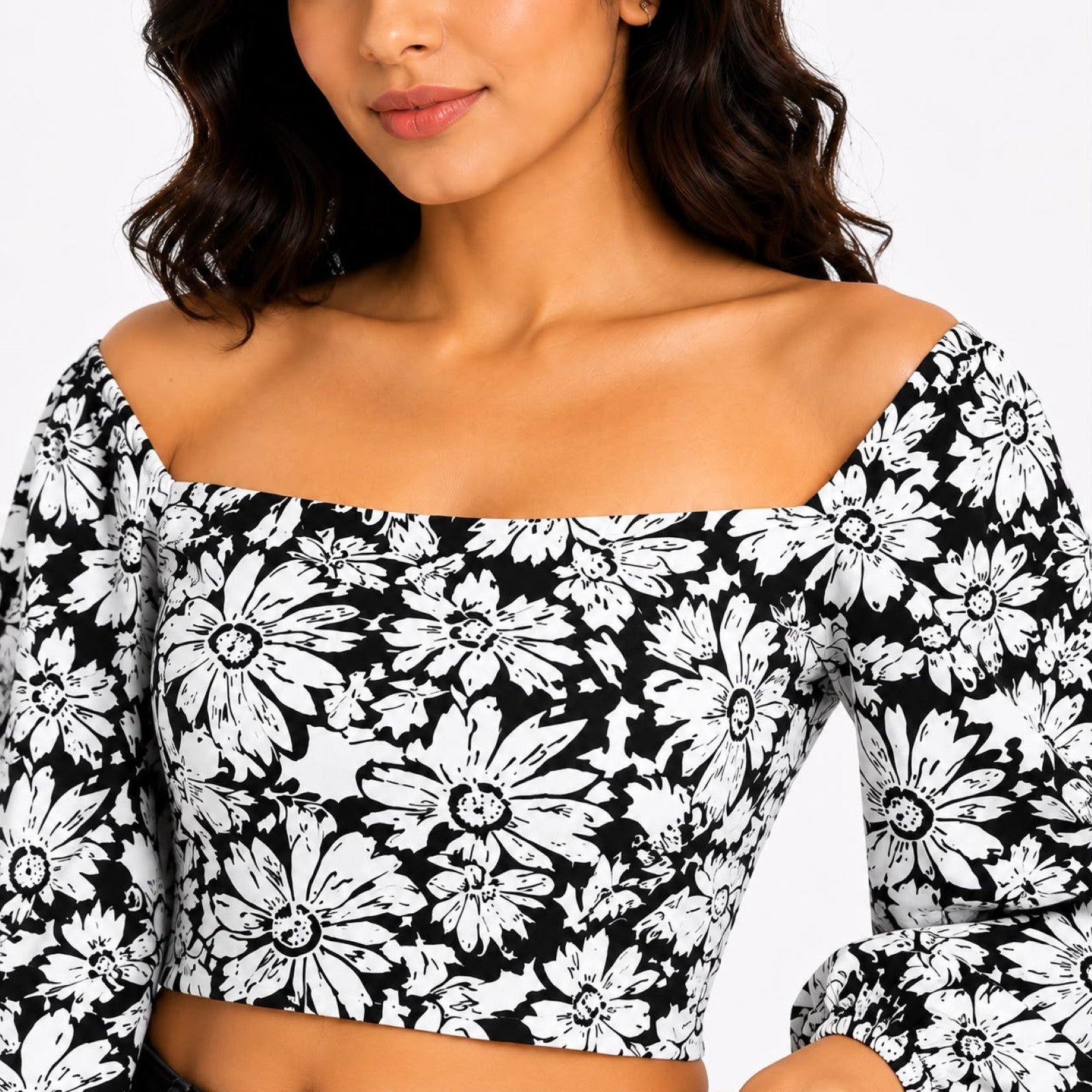 Women's Black & White Floral Off-Shoulder Crop Top-3