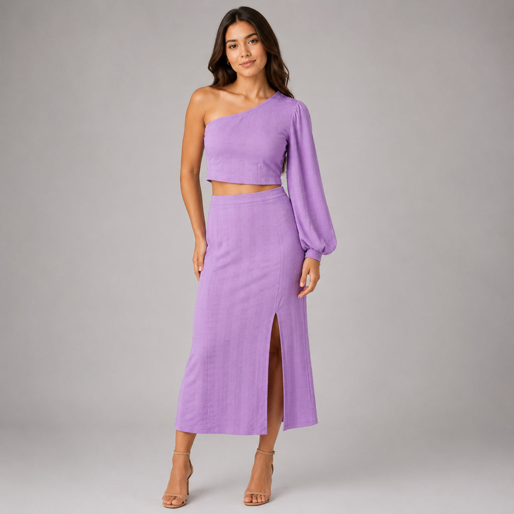 Women's Purple One-Shoulder Crop Top and Midi Skirt Co-Ord Set-1