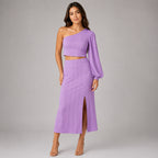 Women's Purple One-Shoulder Crop Top and Midi Skirt Co-Ord Set-1
