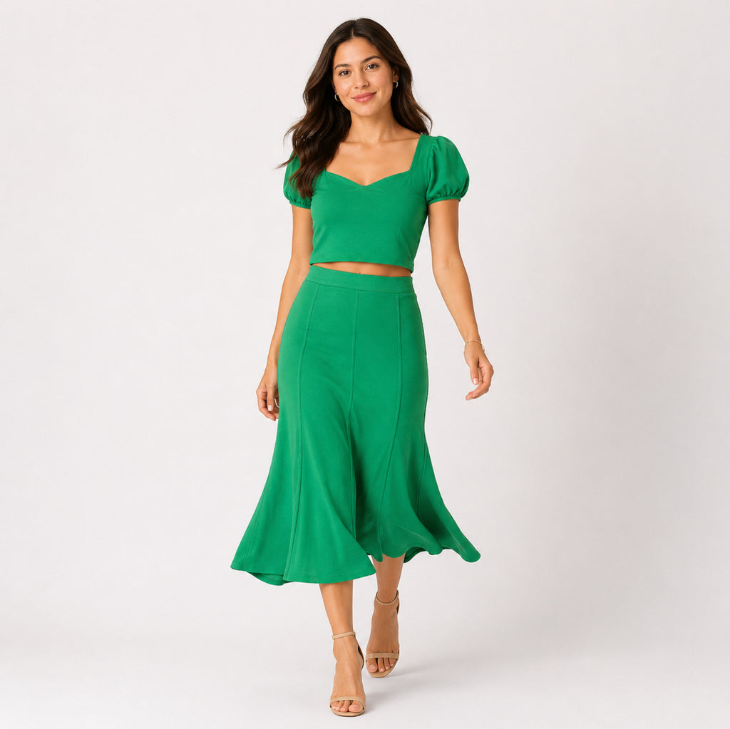 Women's Green Puff Sleeve Crop Top and Midi Skirt Co-Ord Set-3