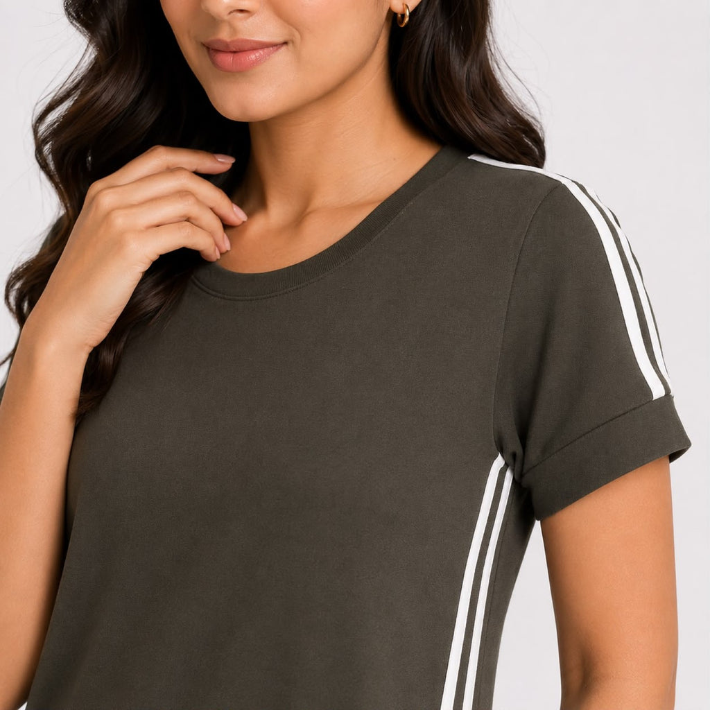 Women's Olive Green Casual A-Line Dress | Stylish Side Stripe Knee Length Everyday Comfort Dress-3