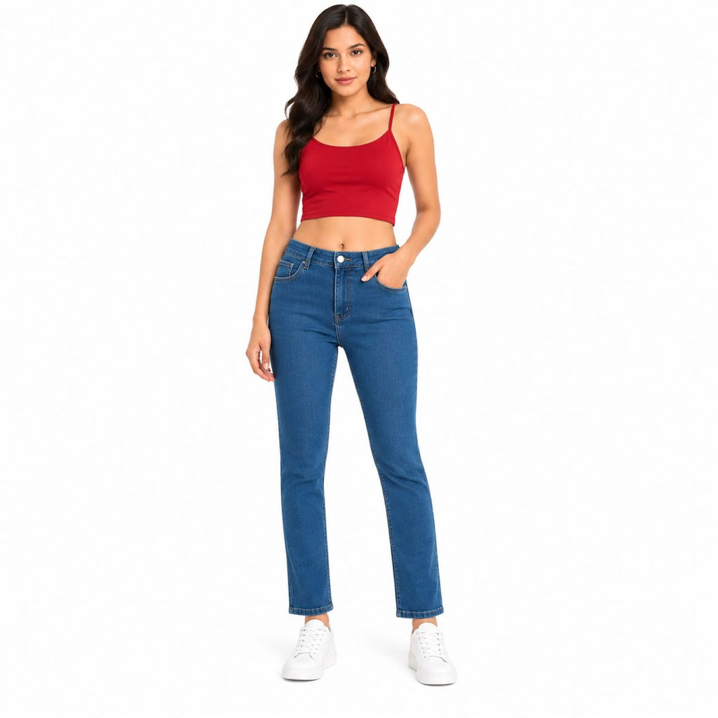 Women's Blue High-Rise Straight Fit Denim Jeans with Clean Wash-1