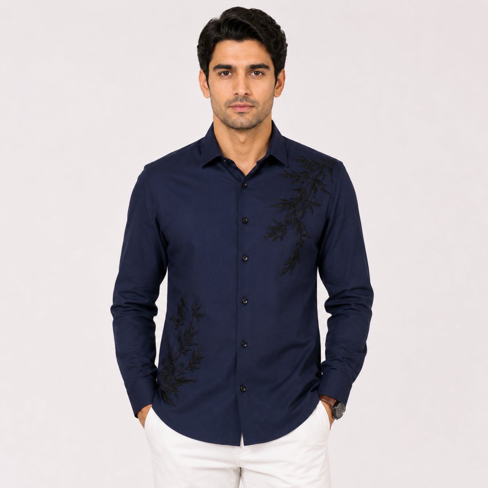Men's Navy Blue Embroidered Premium Casual Shirt-4