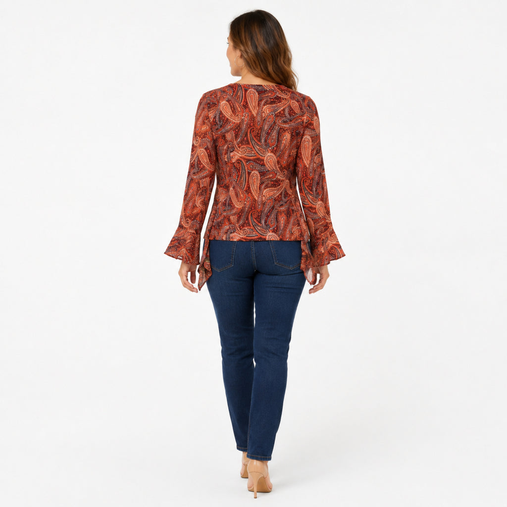Women's Red Paisley Wrap Front Ruffle Top with Flared Sleeves-4