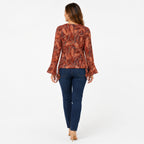 Women's Red Paisley Wrap Front Ruffle Top with Flared Sleeves-4