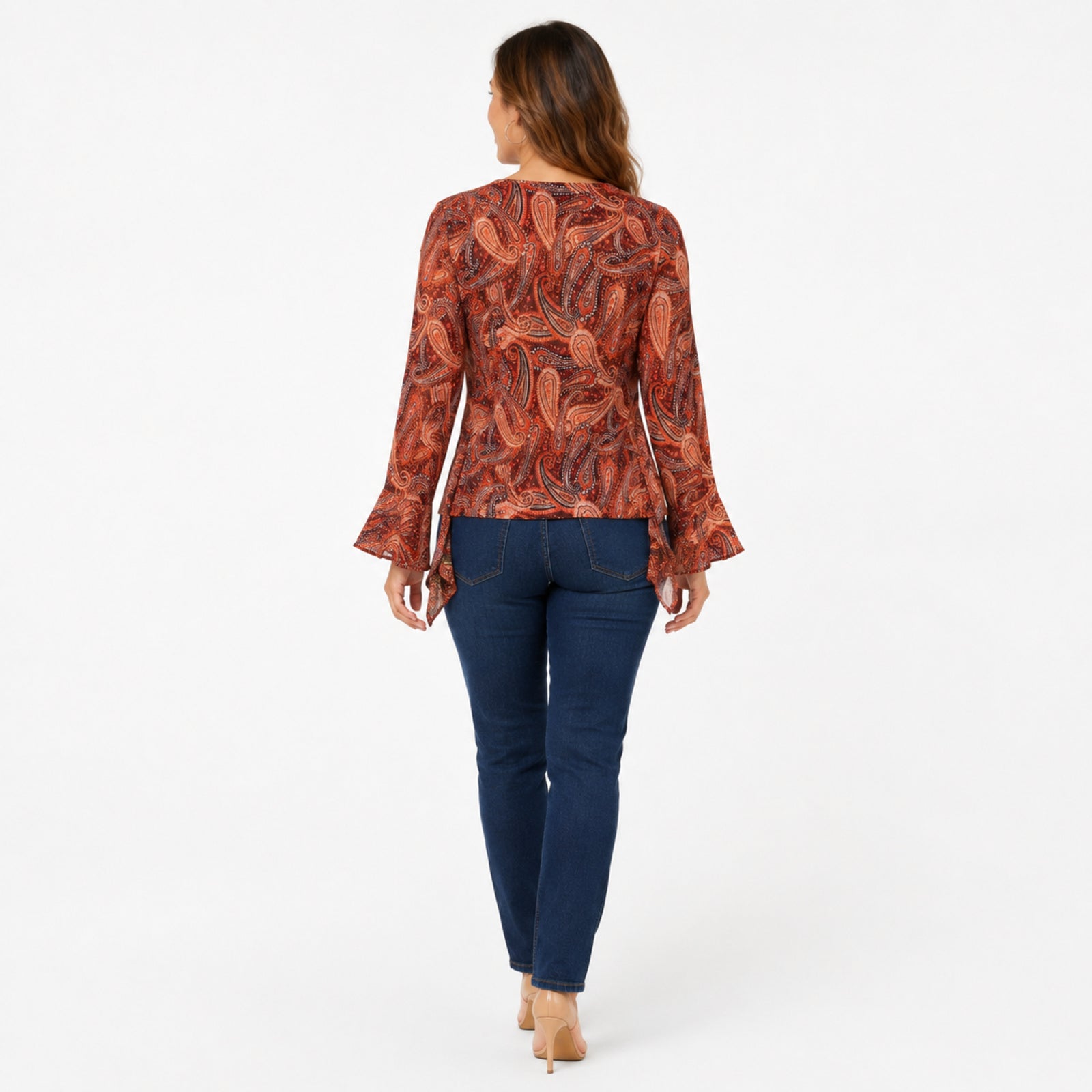 Women's Red Paisley Wrap Front Ruffle Top with Flared Sleeves-4