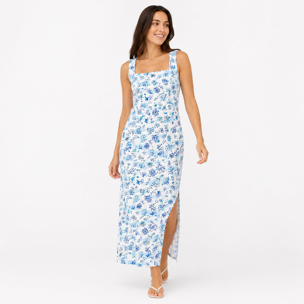 Women's Sky Blue Floral Print Sleeveless Maxi Dress with Side Slit-1