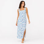 Women's Sky Blue Floral Print Sleeveless Maxi Dress with Side Slit-1
