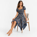 Women's Teal Paisley Smocked Handkerchief Hem Midi Dress | Puff Sleeve Boho Resort Dress-3