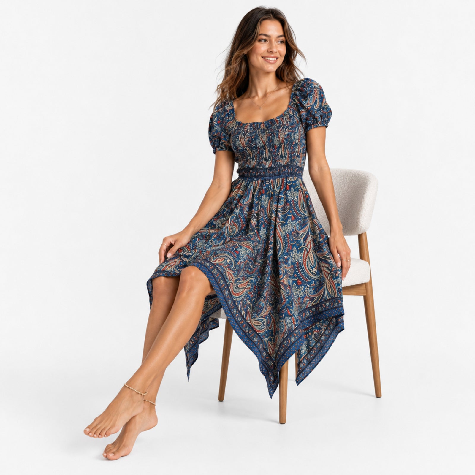 Women's Teal Paisley Smocked Handkerchief Hem Midi Dress | Puff Sleeve Boho Resort Dress-3