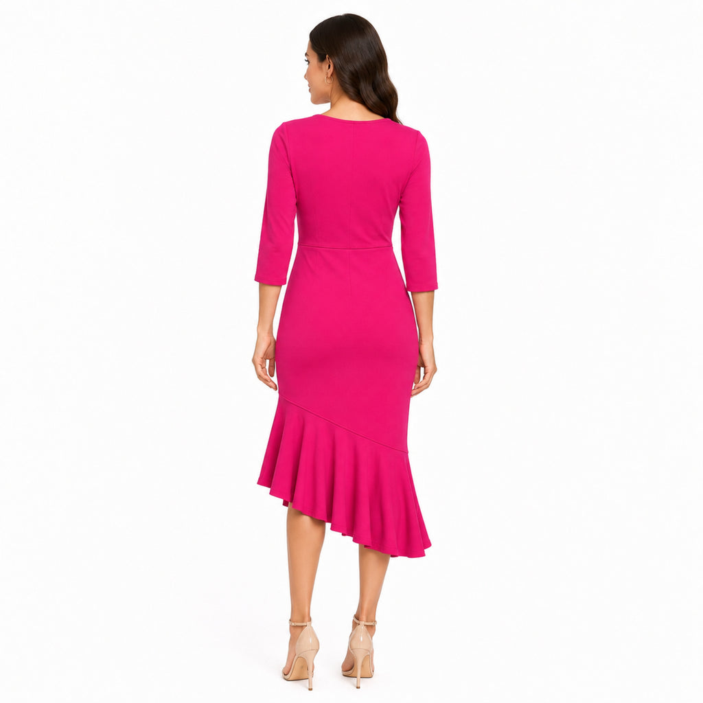 Women's Pink Solid Mermaid Midi Dress with Round Neck and Three-Quarter Sleeves-4