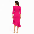 Women's Pink Solid Mermaid Midi Dress with Round Neck and Three-Quarter Sleeves-4