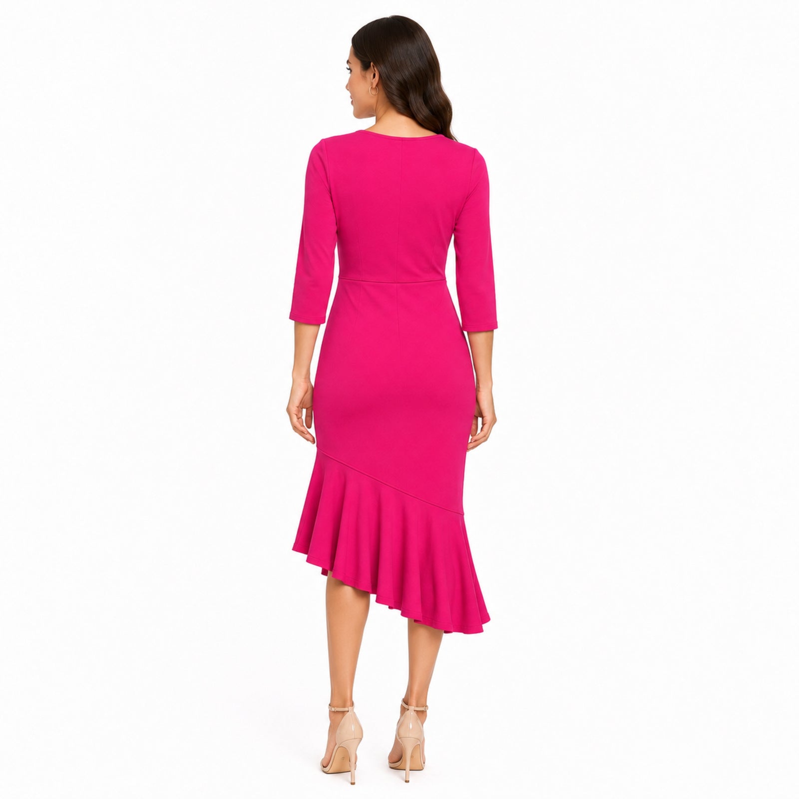 Women's Pink Solid Mermaid Midi Dress with Round Neck and Three-Quarter Sleeves-4