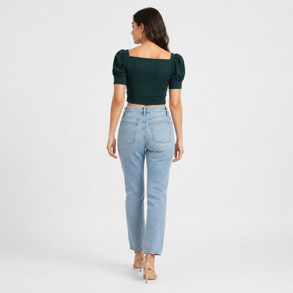 Women's Dark Green Square Neck Puff Sleeve Wrap Crop Top | Fitted Casual Blouse-4