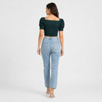 Women's Dark Green Square Neck Puff Sleeve Wrap Crop Top | Fitted Casual Blouse-4