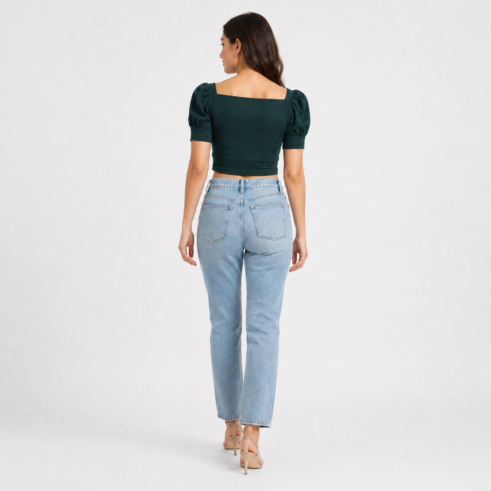 Women's Dark Green Square Neck Puff Sleeve Wrap Crop Top | Fitted Casual Blouse-4