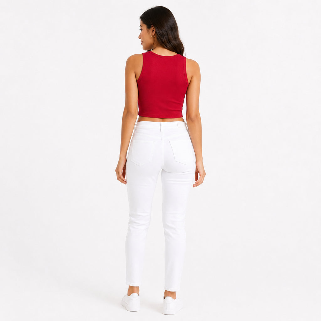 Women's Red Sleeveless Round Neck Crop Top | Solid Slim Fit Casual Tank Top-4