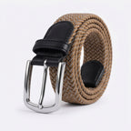Unisex Luxury Braided Elastic Mustard Belt with Polished Silver Buckle and Black Leather Accents-3