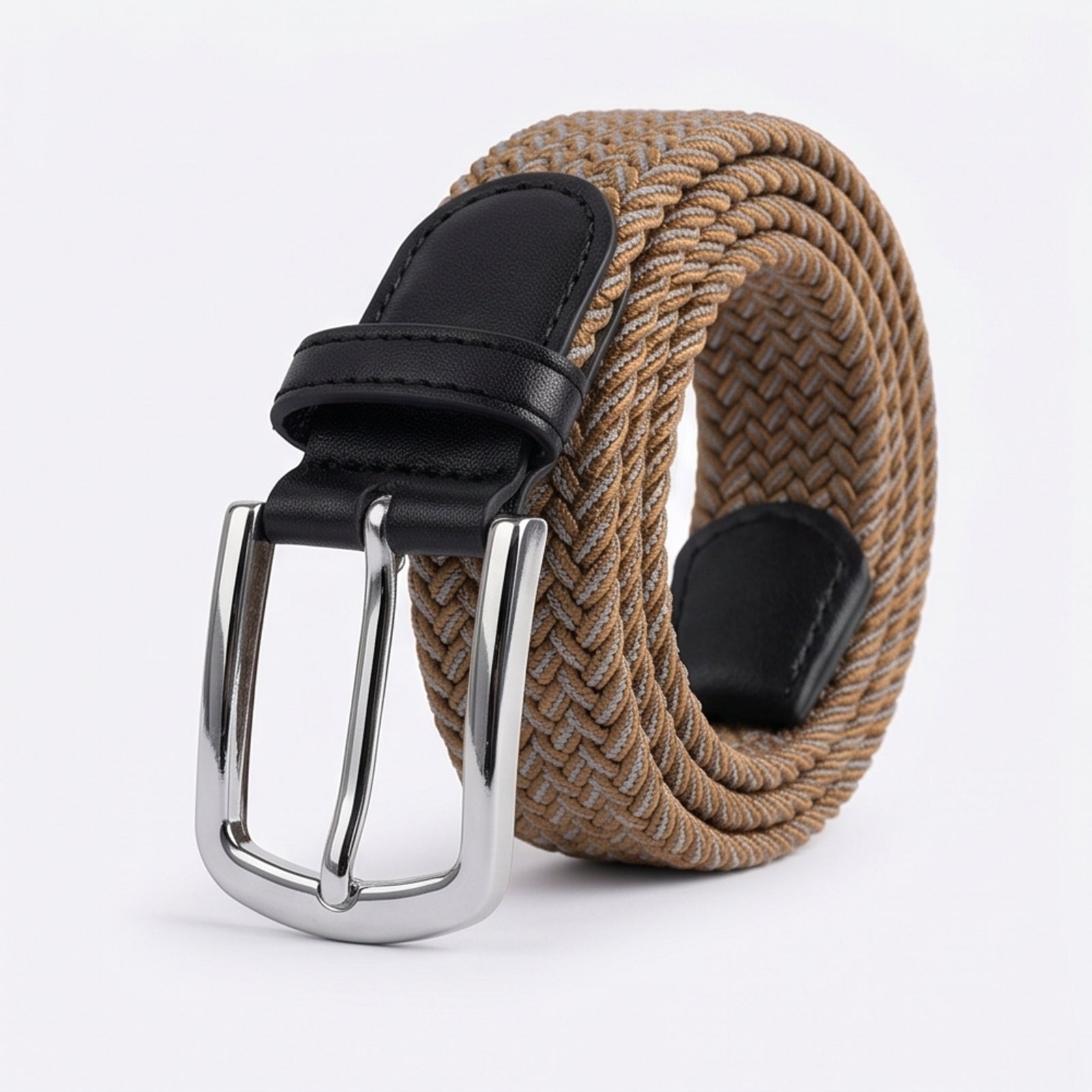 Unisex Luxury Braided Elastic Mustard Belt with Polished Silver Buckle and Black Leather Accents-3