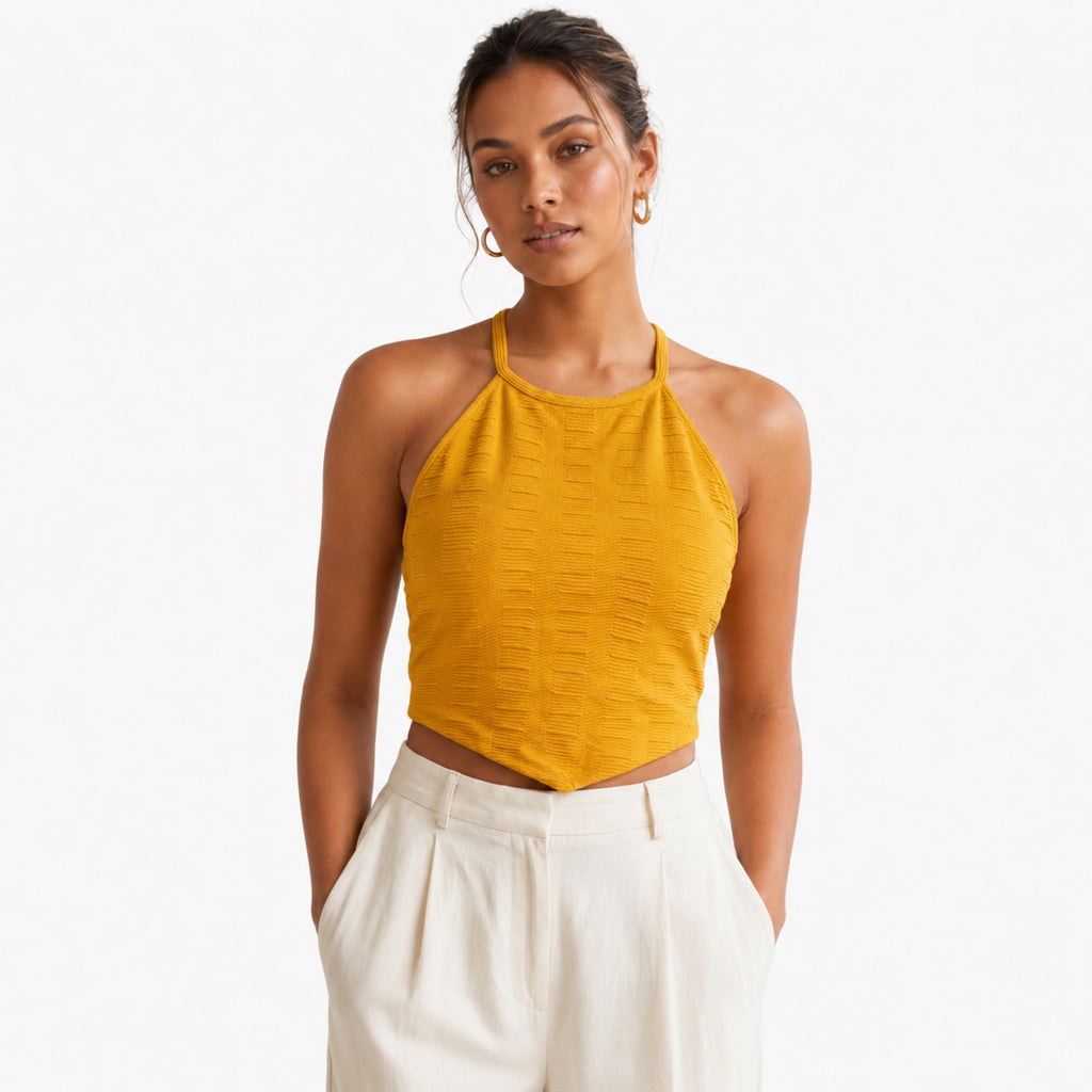 Women's Yellow Halter Neck Crop Top-2