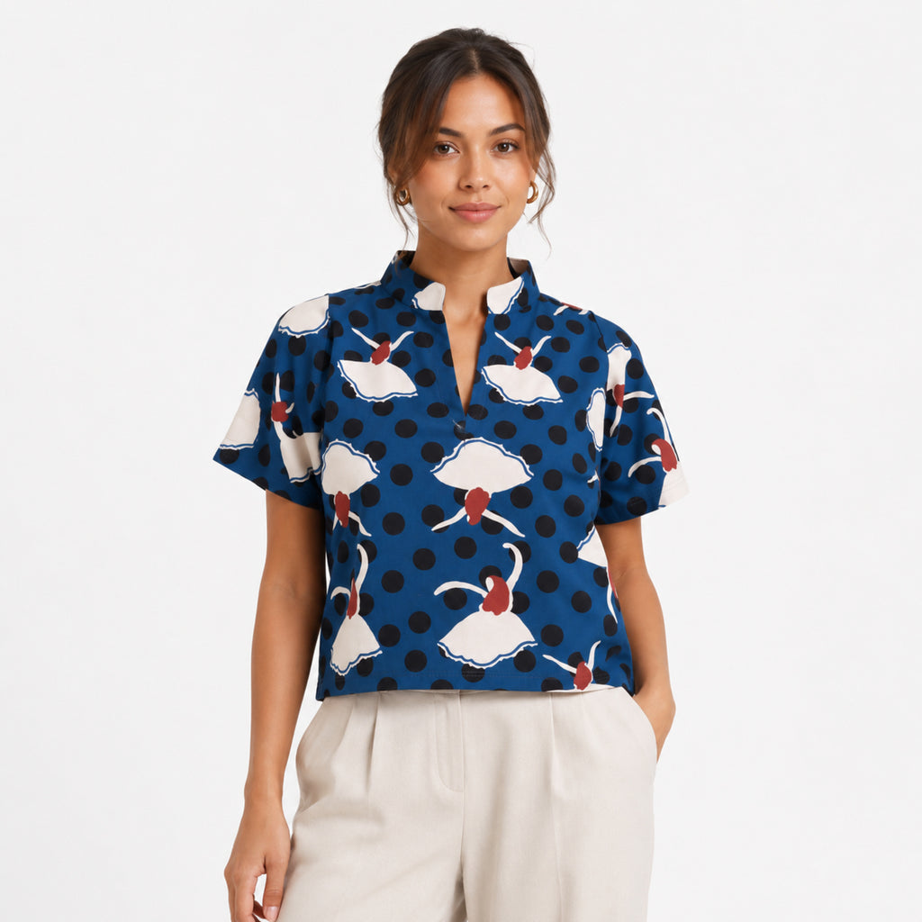 Women's Navy Blue Printed Mandarin Collar Top-1