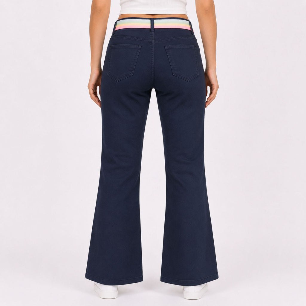 Title - Women's Sleek Comfort-Fit Dark Navy Blue Bootcut Trousers with Rainbow Pastel Belt-4